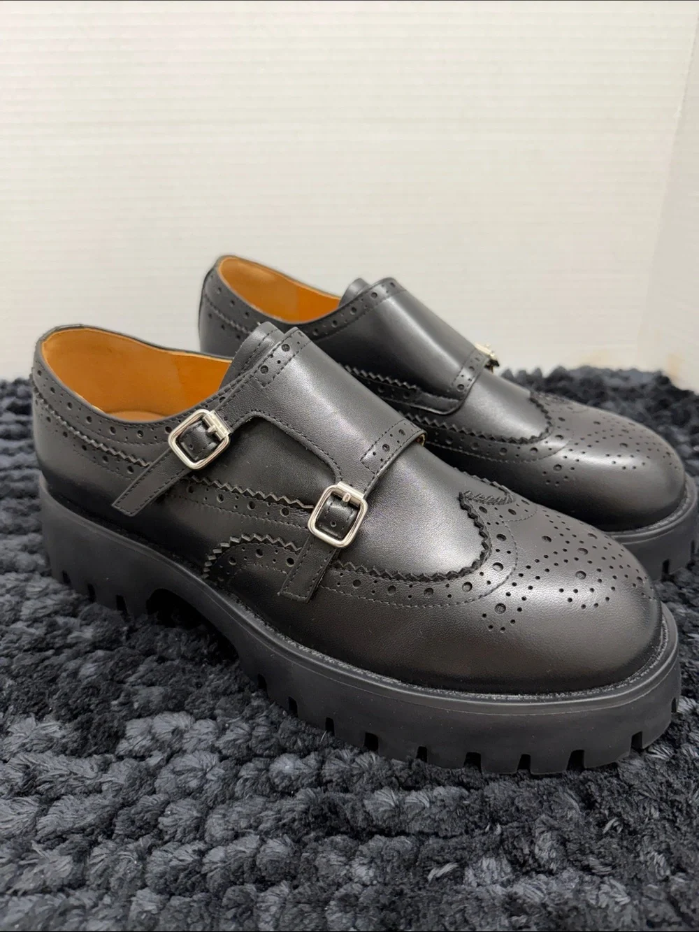Black BEAU TODAY Double Monk Brogue Shoes for Men